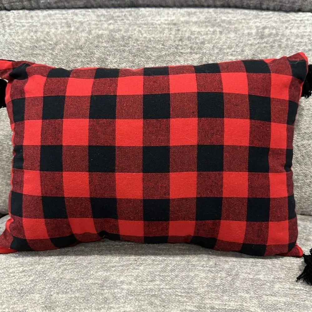 Merry Christmas Embroidered Holiday Themed Buffalo Plaid Throw Pillow.
